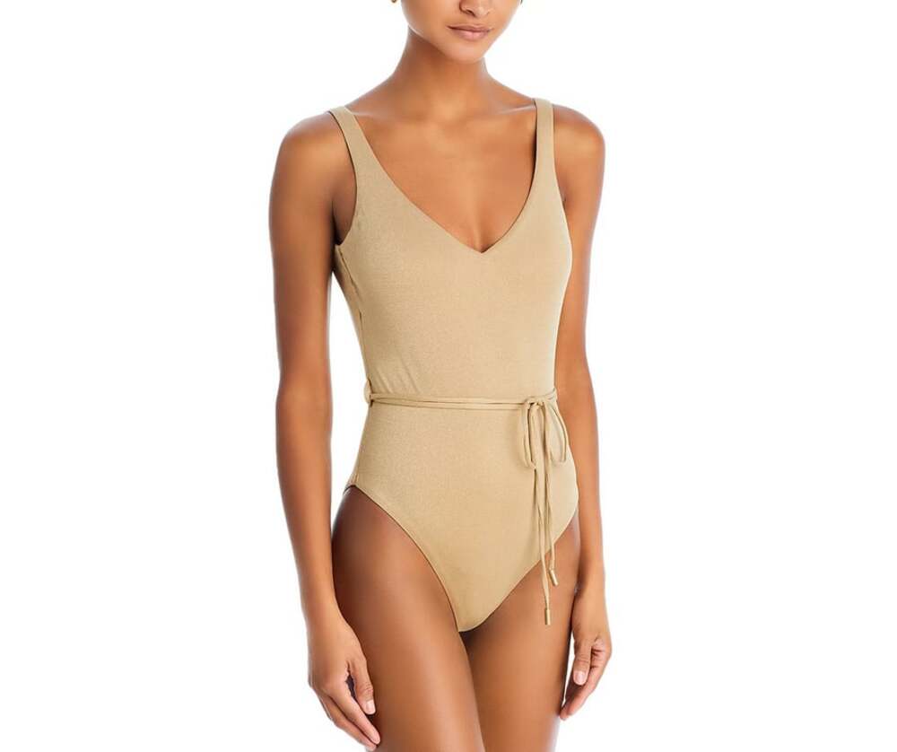 NWT AQUA Shimmer Belted One Piece Swimsuit Gold, Small